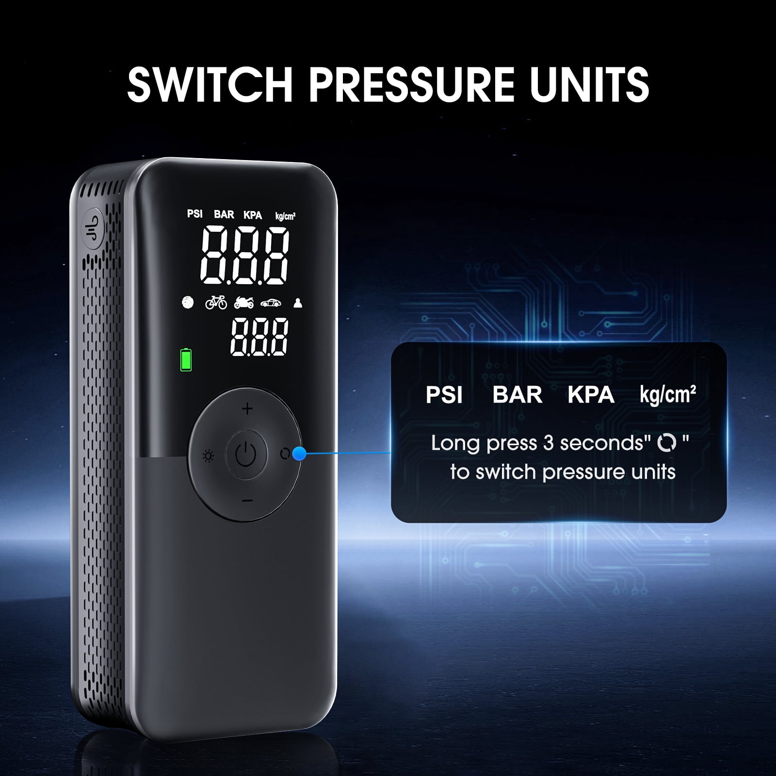 CARSUN Cordless Tire Inflator Portable Air Compressor,5200mAH Portable Air Pump with Digital Dual Screen,Suitable for Car,Motorcycles,Bicycles