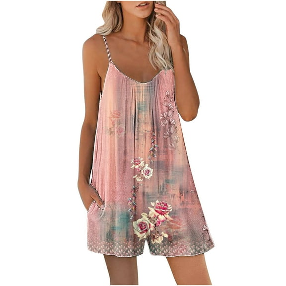 Summer Savings Clearance! Edvintorg Vintage Jumpsuits, Rompers & Overalls For Women Summer Casual Sleeveless Flower Jumpsuit Loose Shorts Jumpsuit With Pockets