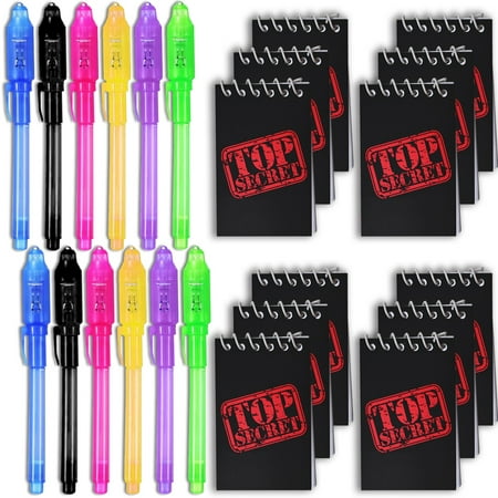 Invisible Ink Pen with UV Light (12 Pack Pens) + Black Mini TOP Secret Notepads (12 Pack ). - Perfect Favor for Kids Spy Parties, Stocking Suffers, Pinatas. (disappearing/ glow in the