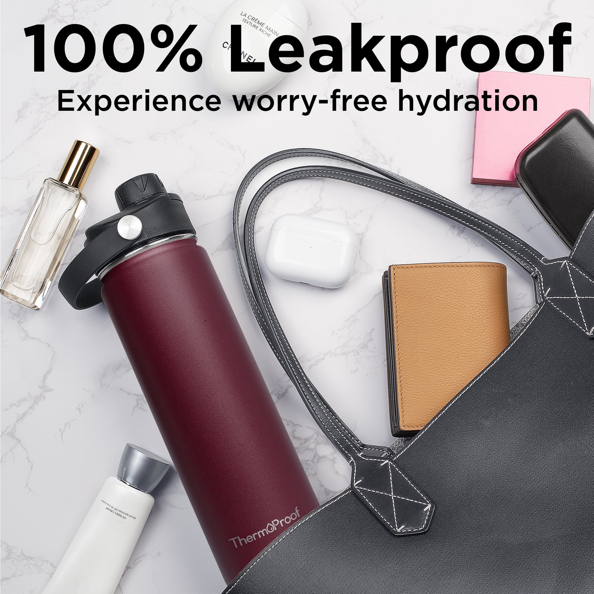 ThermoProof Double-Walled Vacuum Insulated Stainless Steel Water Bottle, Wide Mouth, Leakproof, 22oz, Burgundy