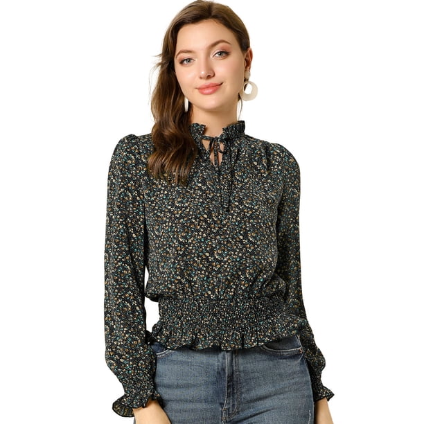 INSPIRE CHIC Blusa De Mujer Con Volantes Y Peplum Con Cuello Alto Y Manga Abullonada Negro XS
