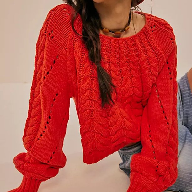 Jersey de ganchillo con cuello redondo Top de punto calado para mujer traje diario de Color sólido