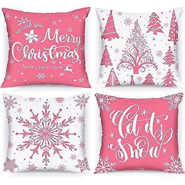 Lanpn White and Pink Christmas Cushion Covers 50x50 Set of 4, Decorative Xmas Throw Covers Pillow Cases 20x20 for Home Bedroom Room Holiday Couch Deco