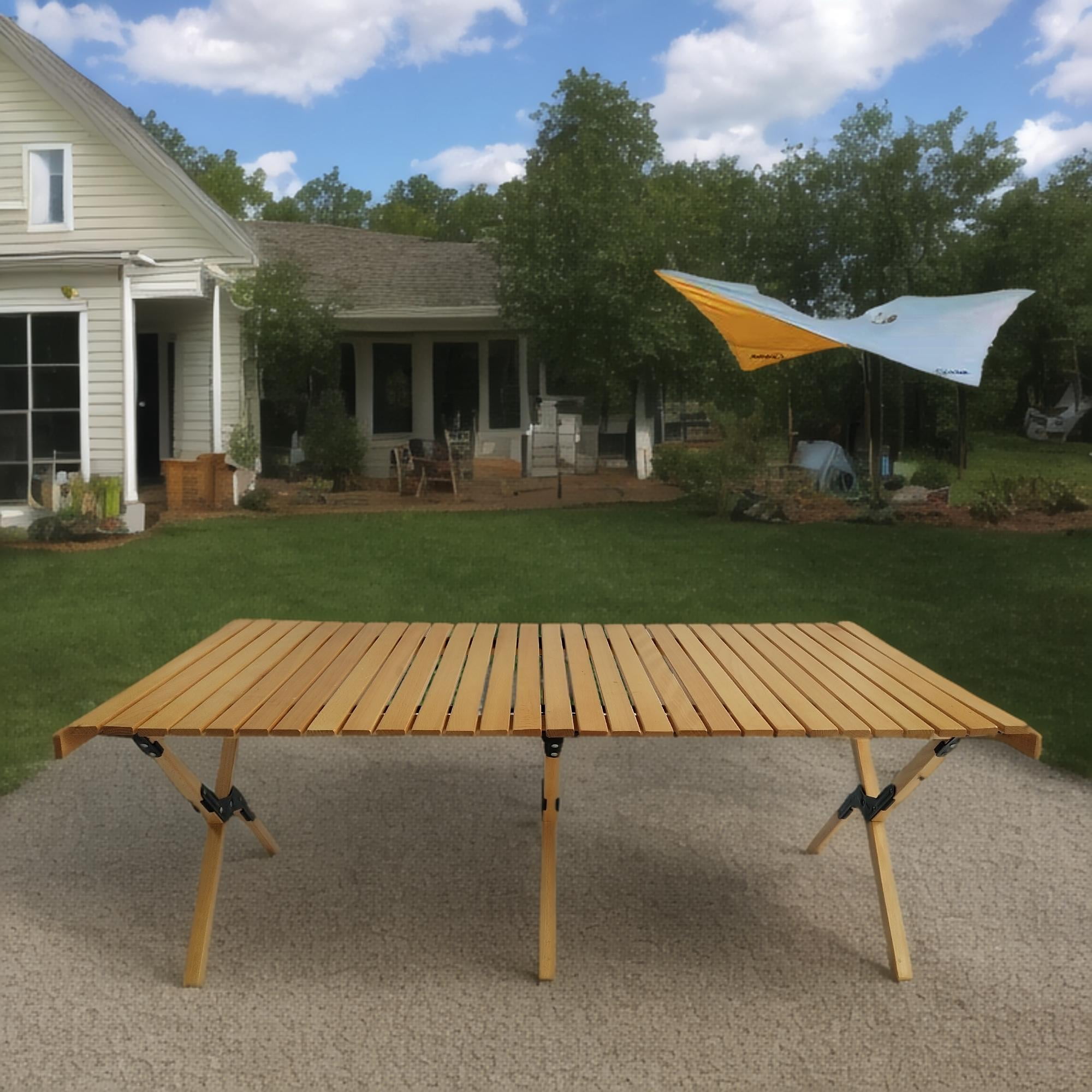 Multifunctional Folding Table, Portable Wooden Outdoor Dining Table for Camping Backyard Party, Natural