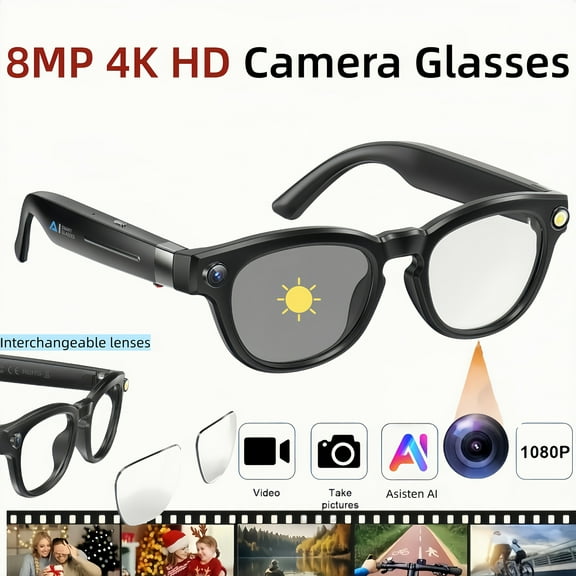 Travel/Outdoor AI Smart Glasses: 8MP 1080P Recording, Real-Time Translation | Auto-Tinting Interchangeable Lenses | Hands-Free Calls | Ideal for Work & Adventures