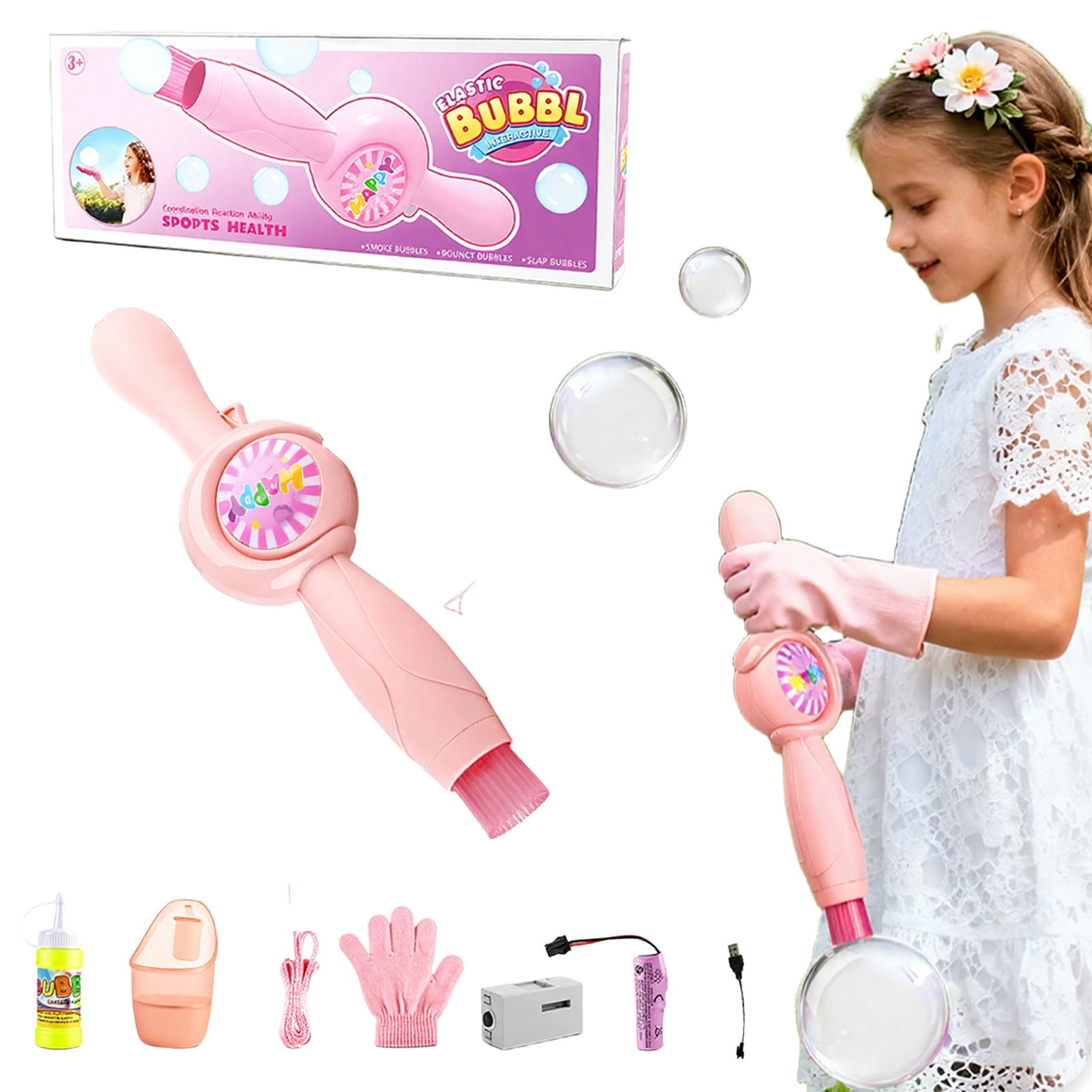 RUIG Magic Colorful Bubble Machine,Elastic Bubble Wand with Gloves, Rechargeable Automatic Electric Bubble Maker with Colorful Light for Outdoor Beach Backyard Party