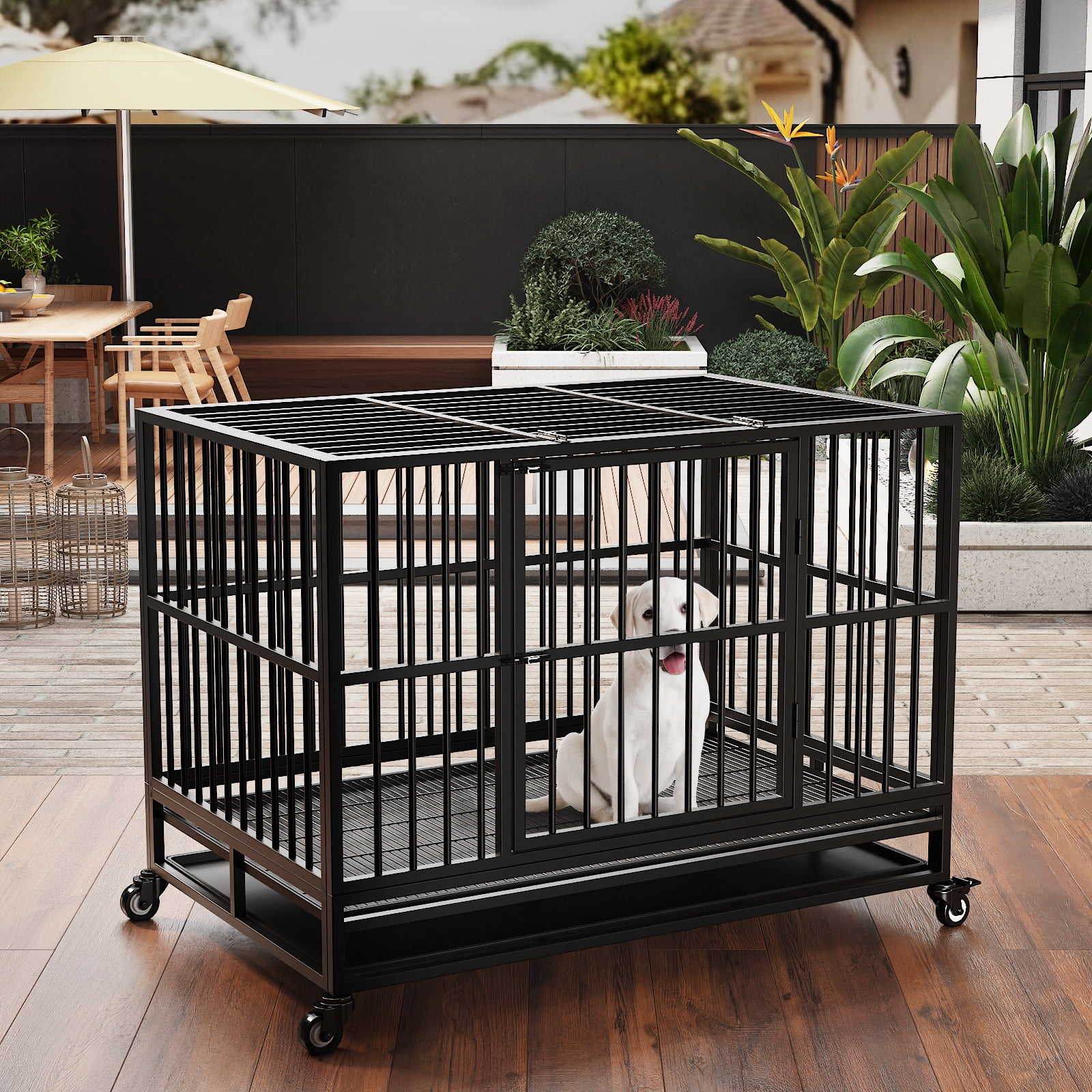 Walnest (48in) Large Dog Crate Rustproof Sturdy Black Dog House Dog Crate with Double Doors For Small and Medium Dogs