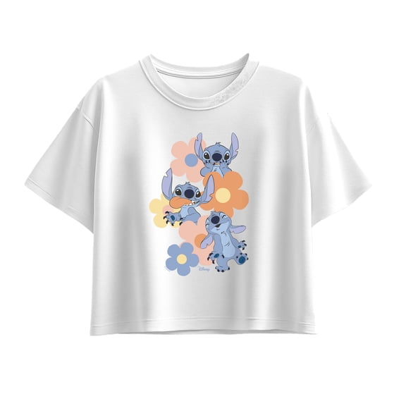 Disney - Stitch Pop Flowers  - Youth Girl Short Sleeve Boxy Tee