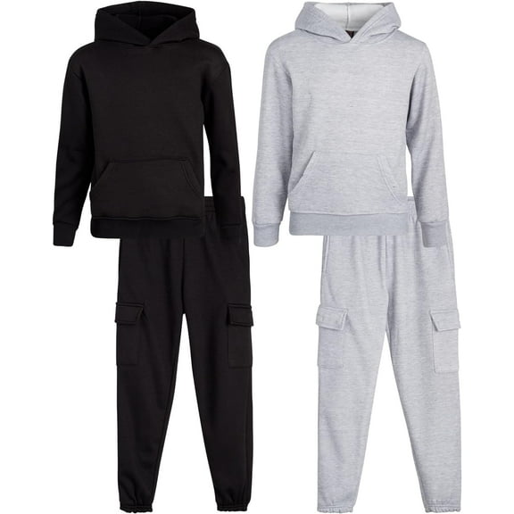 Quad Seven Boys' Fleece Jogger Set - 4 Piece Solid Pullover Hoodie and Cargo Sweatpants (Size: 8-18)