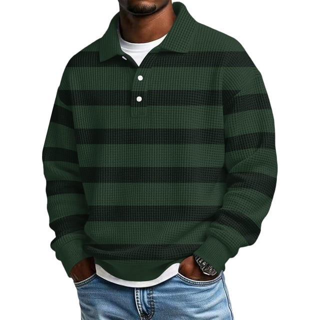Ceisia Men's Vintage Waffle Knit Polo Sweater | Loose Drop-Shoulder Color Block Striped Long Sleeve Pullover Gifts