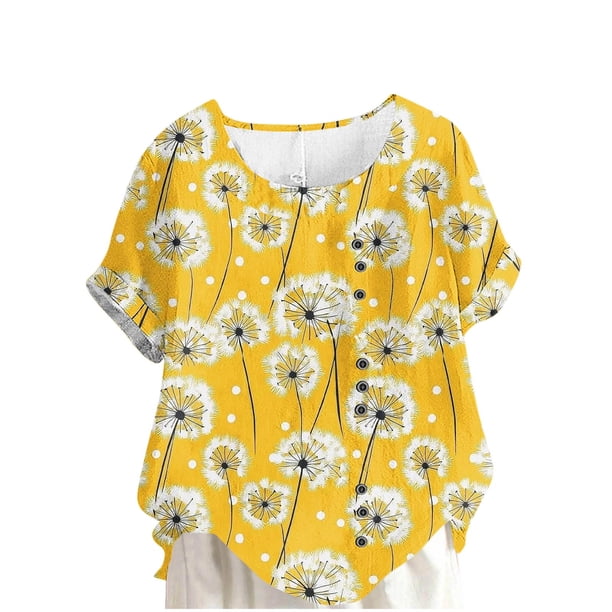Camisetas de Manga Corta para las Mujeres Casual Cuello Redondo Cómodo de Lino Camiseta Botón Blusa Top Verano Manga Corta para las Mujeres