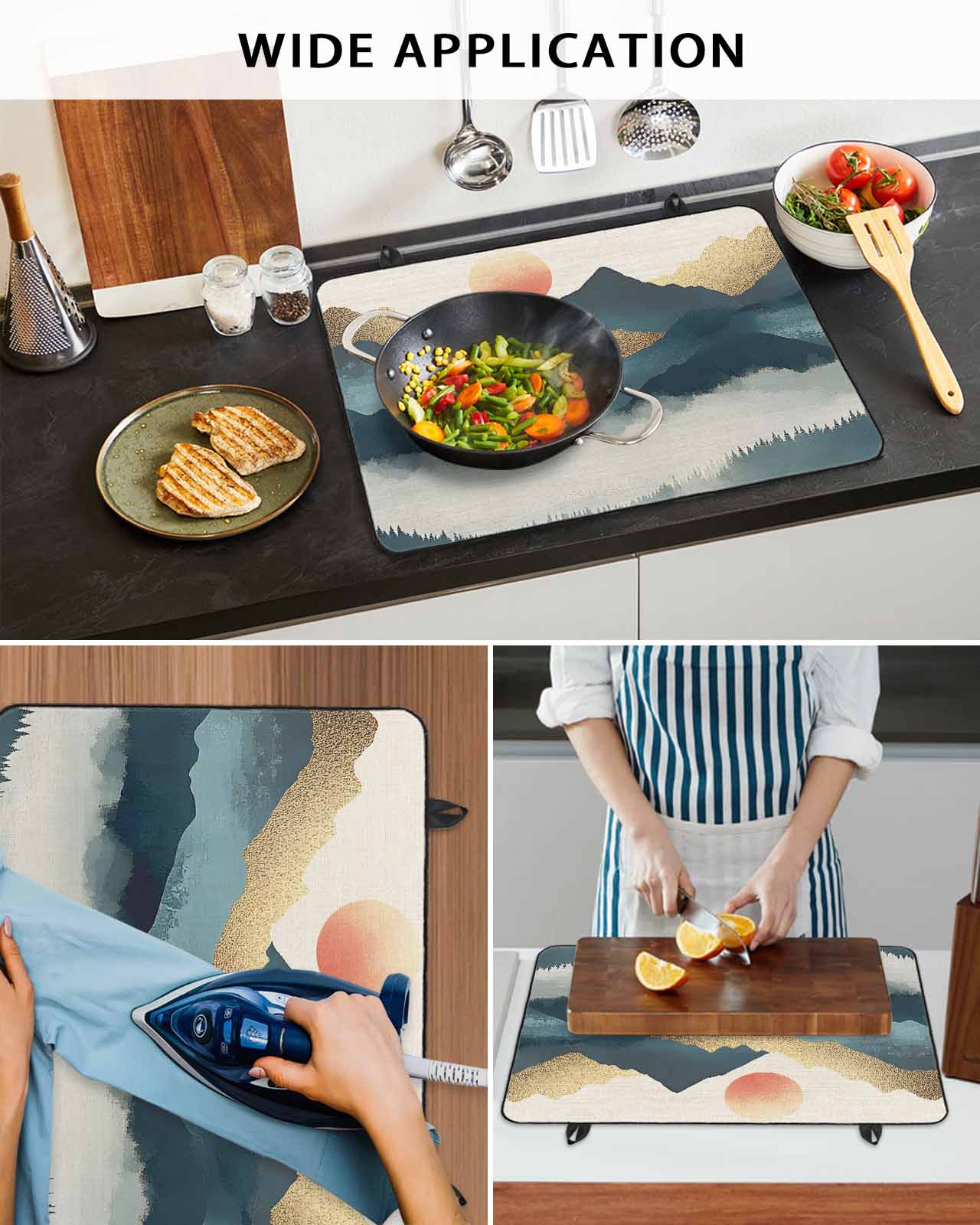 nqOlkjepod Large Induction Cooktop Protector Mat 24"x21", Teal Golden Mountain Stove Top Covers for Electric Stove, Tree Peaks Landscape Decorative Stove Burner Cover Mats, Glass Top Stove Cover