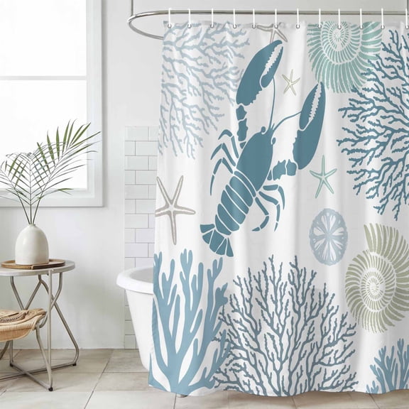 Teal Blue Coastal Waterproof Fabric Shower Curtain,Summer Lobster Coral Nautical Waterproof Fabric Shower Curtain for Bathroom Curtains Bathtubs Hotel Shower Curtains with 12 Hooks Small 36x72in