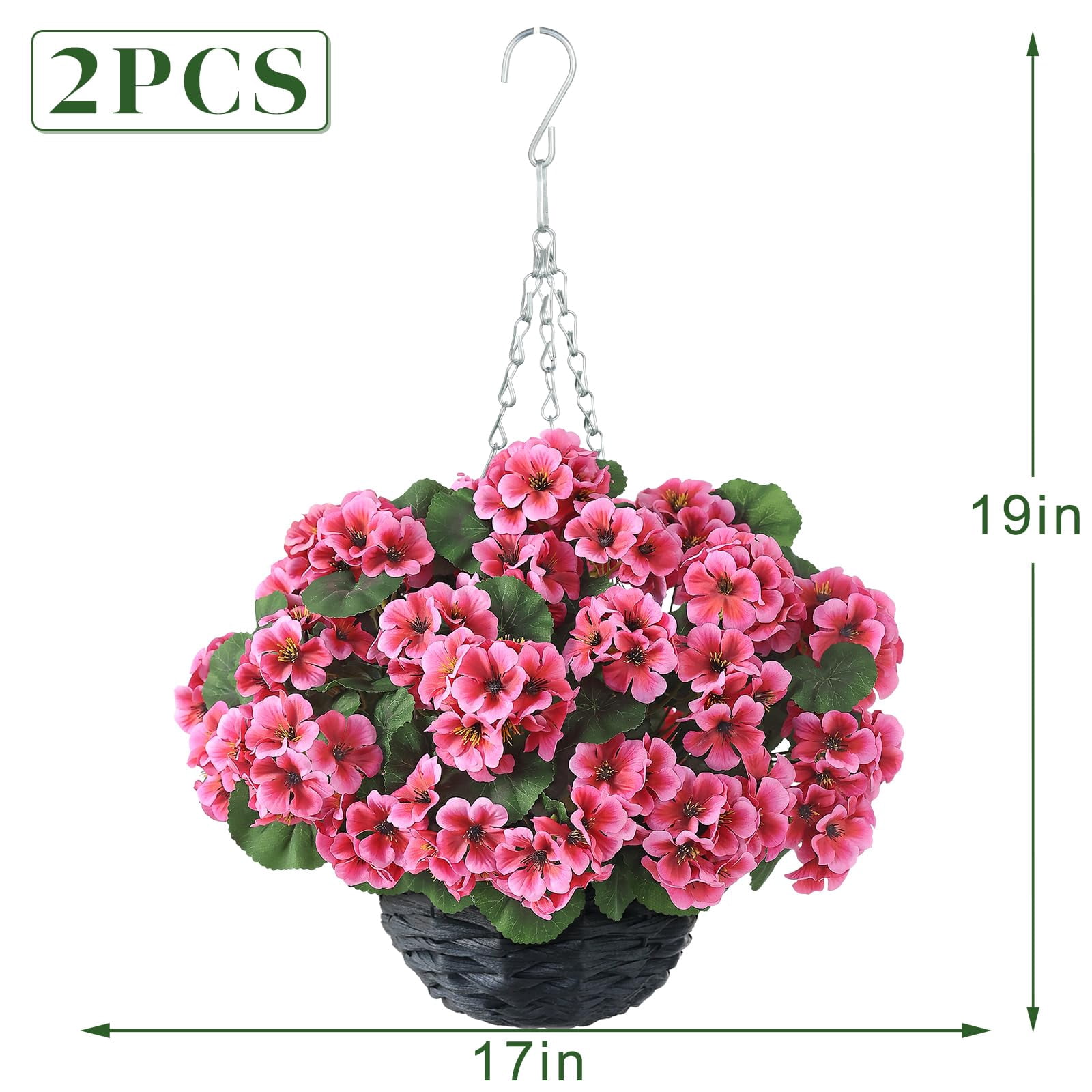 2 Set Artificial Geraniums Flowers with Hanging Baskets for Outdoors - Sun Resistant Silk with Geranium Flowers, Fake Hanging Planters for Front Porch Garden Patio Home Decor (Red)