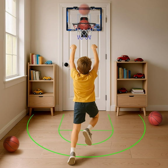 Indoor Basketball Hoop with Projected Court, Basketball Hoops for Kids Over The Door with Scoreboard & 3 Balls, Mini Hoops Basketball Toys Gifts for 5 6 7 8 9 10 11 12 Year Old Boys Girls