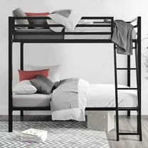 SHA CERLIN Black Twin Over Twin Metal Bunk Bed for Juniors, Industrial Frame with Inclined Stairs & Full-Length Guardrail