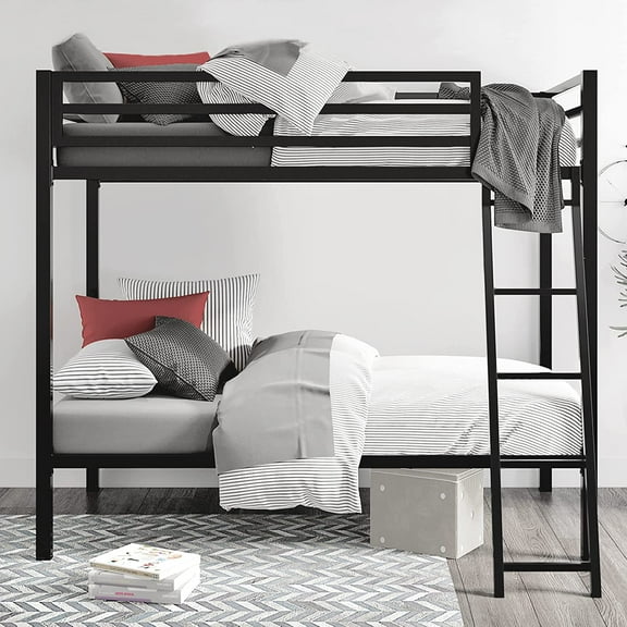 SHA CERLIN Black Twin Over Twin Metal Bunk Bed for Juniors, Industrial Frame with Inclined Stairs & Full-Length Guardrail