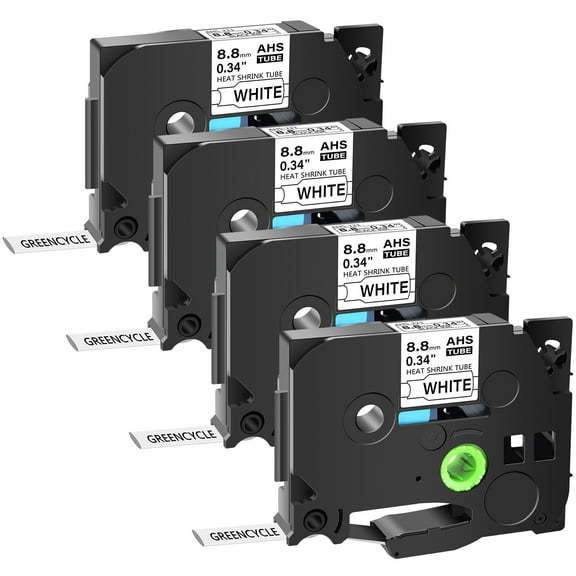 GREENCYCLE 4PK Compatible for Brother P-touch HSE-221 HS-221 HSe221 HS221 8.8mm 0.34" Black on White Heat-shrink Label Tape