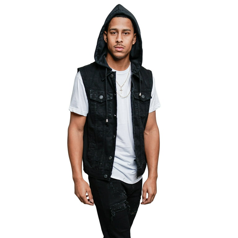 G-Style USA Men's Detachable Hood Denim Jean Vest DK108 - JET BLACK - Medium