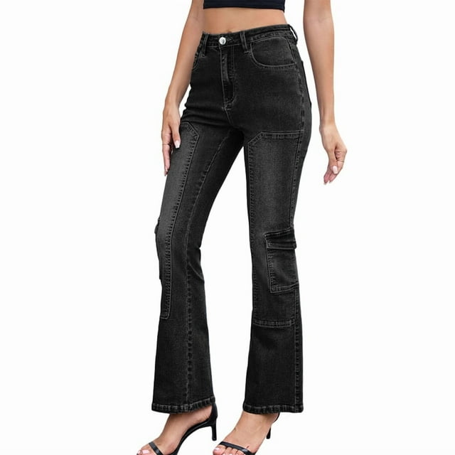 Pantalones Vaqueros Acampanados de Cintura Alta para Mujer, Ajustados, Informales, Rectos, con Bolsillos. Negro XL