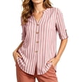 thumbnail image 3 of VBVC Women's Striped V-Neck Button Down Shirt , Ladies' Roll Up Sleeve Casual Blouse , Business Casual Work Tunic Top For Women,Hot Pink,S-2XL, 3 of 10