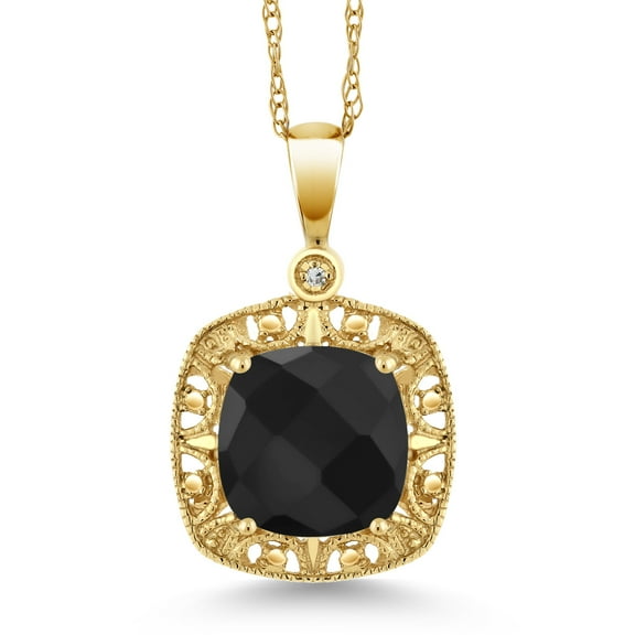 Gem Stone King 10K Yellow Gold Black Onyx Pendant Necklace for Women | 2.11 Cttw | 8MM Cushion Checkerboard Cut | Gemstone Birthstone | With 18 inch Chain