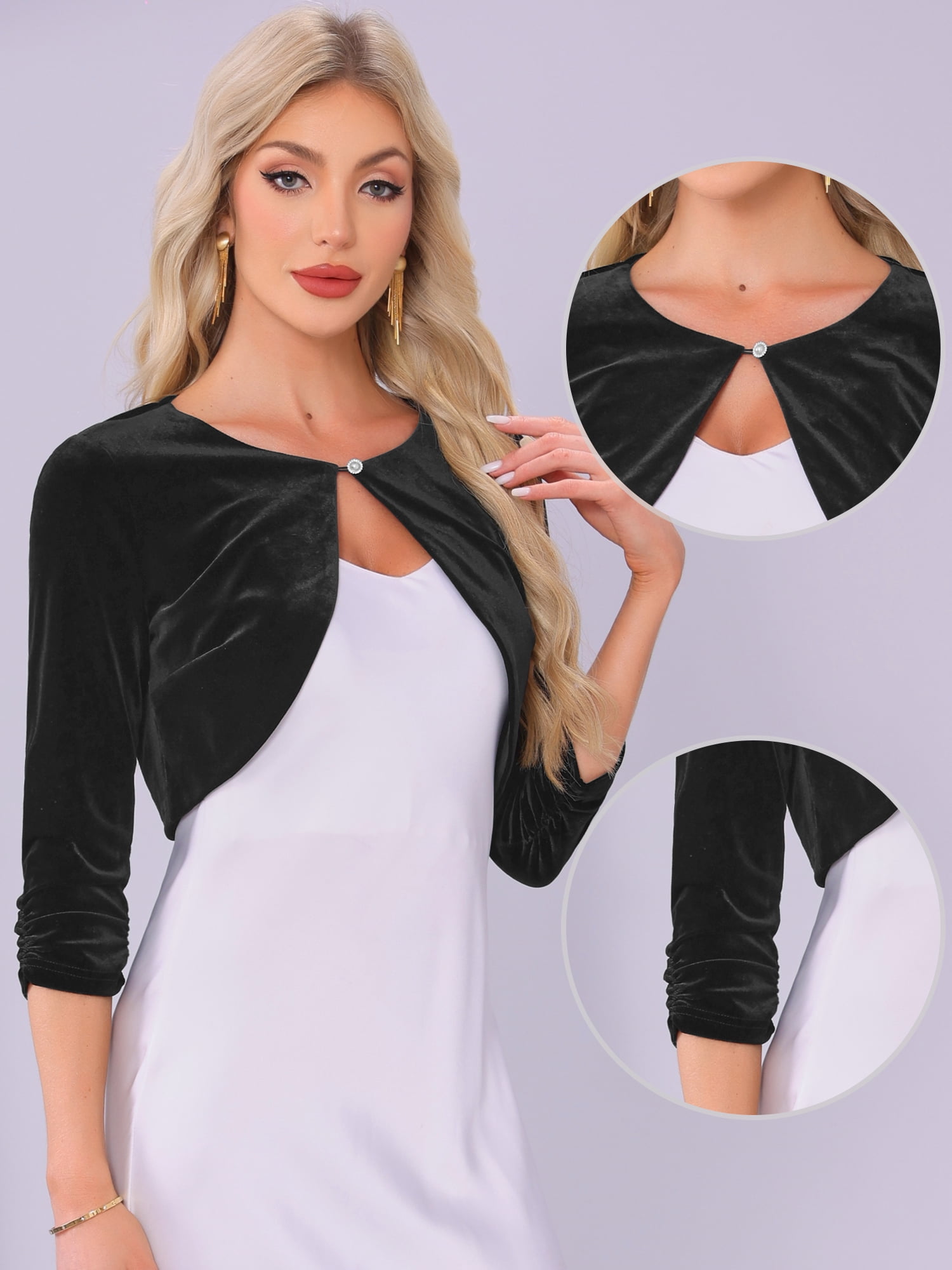 DARING DIVA Women's 3/4 Sleeves Velvet Cropped Cardigan XL Black
