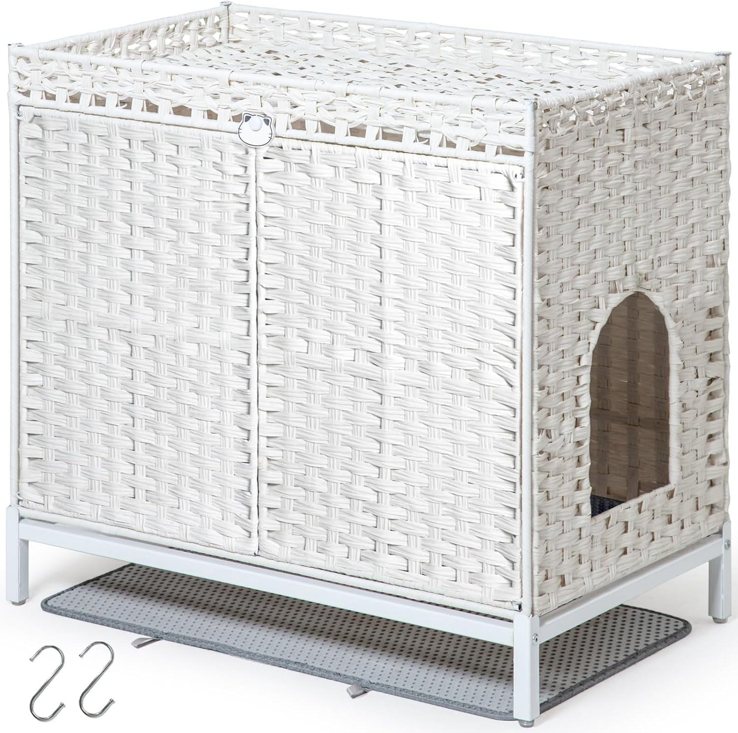 Cat Litter Box Enclosure Furniture, Hidden Handwoven Rattan Litter Box with Mat, Large Cat House with Metal Heightened Feet, 30.3 x 18.3 x 28 Inches, Indoor for Living Room, Bedroom Natural