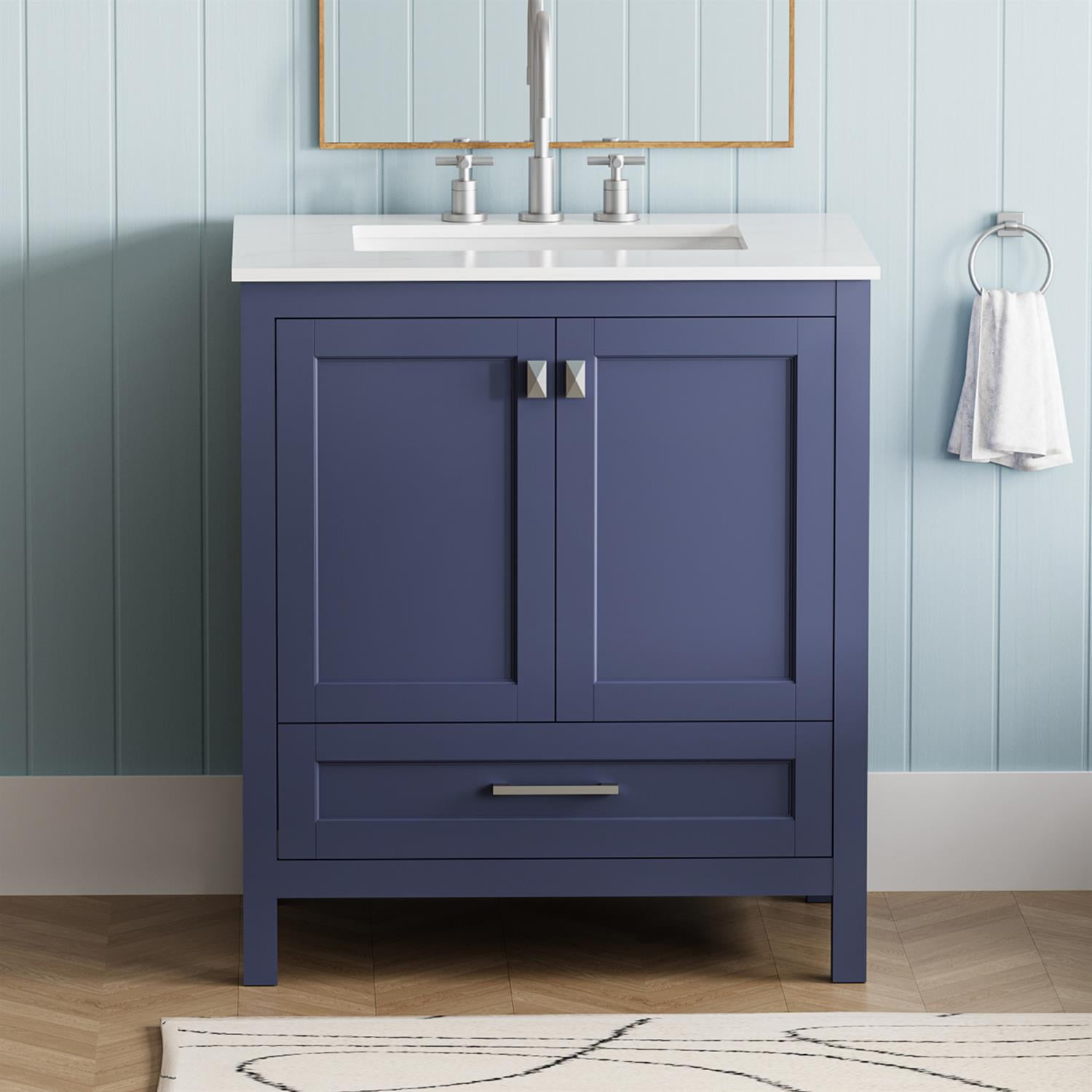 Demi Bonn 30" Freestanding Bathroom Vanity with Sink, Carrara Engineered Marble Vanity Top, Soft-Close Door, Under-mounted Rectangular Ceramic Sink, Blue