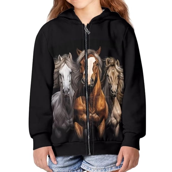 FINALGANG Kids Girls Zip Up Hoodie Horses Graphic Print Long Sleeve Casual Hooded Sweatshirt For Casual Daily Wear Black 4-5 Years