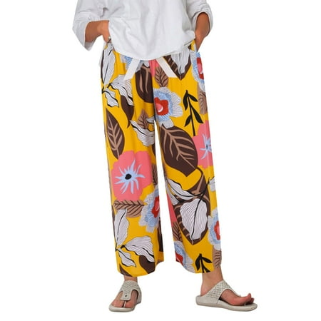 

mveomtd Women s Pajama Pants Comfy Printed Wide Leg Pants Bow Elastic Waist Long Pj Bottoms Summer Pants Yellow One Size