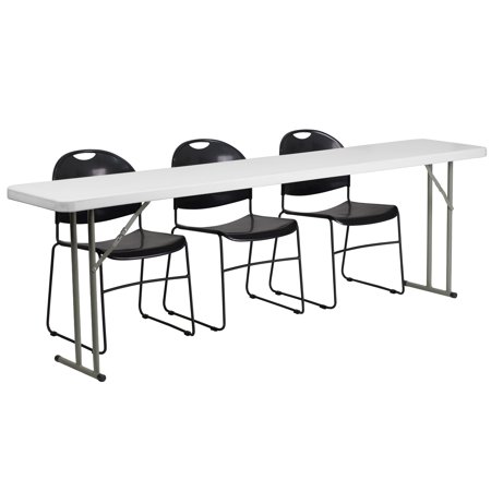 Stacking Folding Table Lancaster Home 18-inch x 96-inch Plastic Folding Training Table with 3 Black Plastic Stack Chairs ()