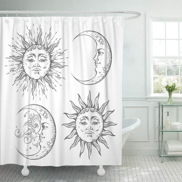 KSADK Silver Tarot Boho Flash Tattoo Design Sun and Crescent Moon Antique  Style White Star Shower Curtain Bath Curtain 60x72 inch 