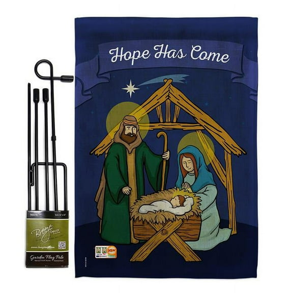 Breeze Decor BD-NT-GS-114112-IP-BO-D-US16-BD 13 x 18.5 in. Hope Has Come Winter Nativity Impressions Decorative Vertical Double Sided Garden Flag Set with Banner Pole