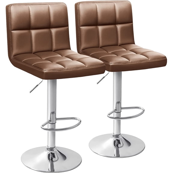 CHTER Bar Stools Modern PU Leather Adjustable Swivel Barstools, Armless Hydraulic Kitchen Counter Bar Stool Extra Height Square Island Barstool with Back Set of 2 (Leather, Brown)