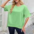 thumbnail image 5 of Clearance Sales Graphic Sweatshirts for Women Solid Color Threaded Round Neck Mid Sleeve Loose Short Sleeved Sweatshirt For Women Womens Oversized Sweatshirt 2025, 5 of 8