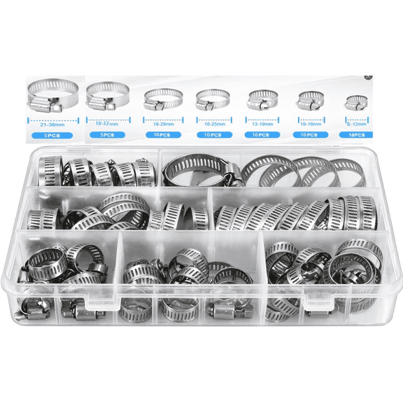 Stainless Steel Hose Clamp Assortment Kit- 60 Pieces Pipe Clamps , Adjustable 1/4''- 1-1/2'' (6-38mm) Worm Gear Metal Fuel Line Clamp for Plumbing, Automotive And Mechanical Applications