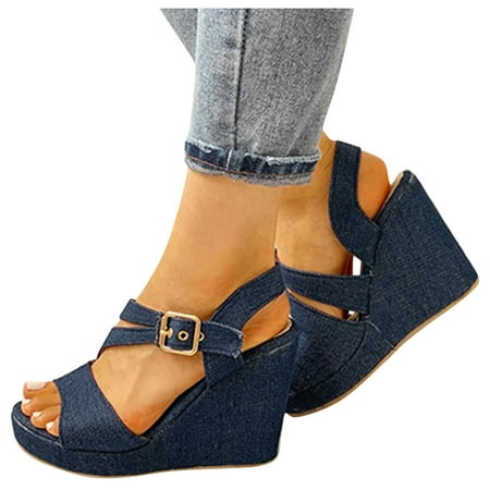 

eczipvz Shoes for Women Wedges for Women Dressy Women s Platform Sandals Wedge Ankle Strap Open Toe Sandals Blue