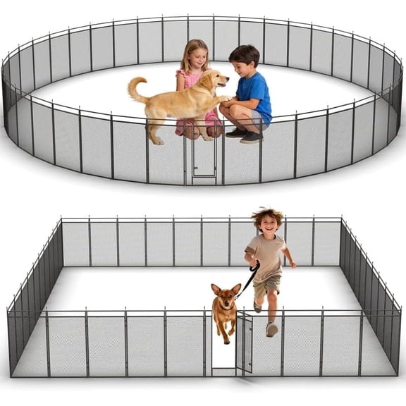 Petorldog Dog Fence with Safety Mesh, 40" Height 28 Panels Including 4 Gates, Metal Dog Playpen Indoor Outdoor, Portable Dog Fence for Yard, Camping & RV | Black-Silver