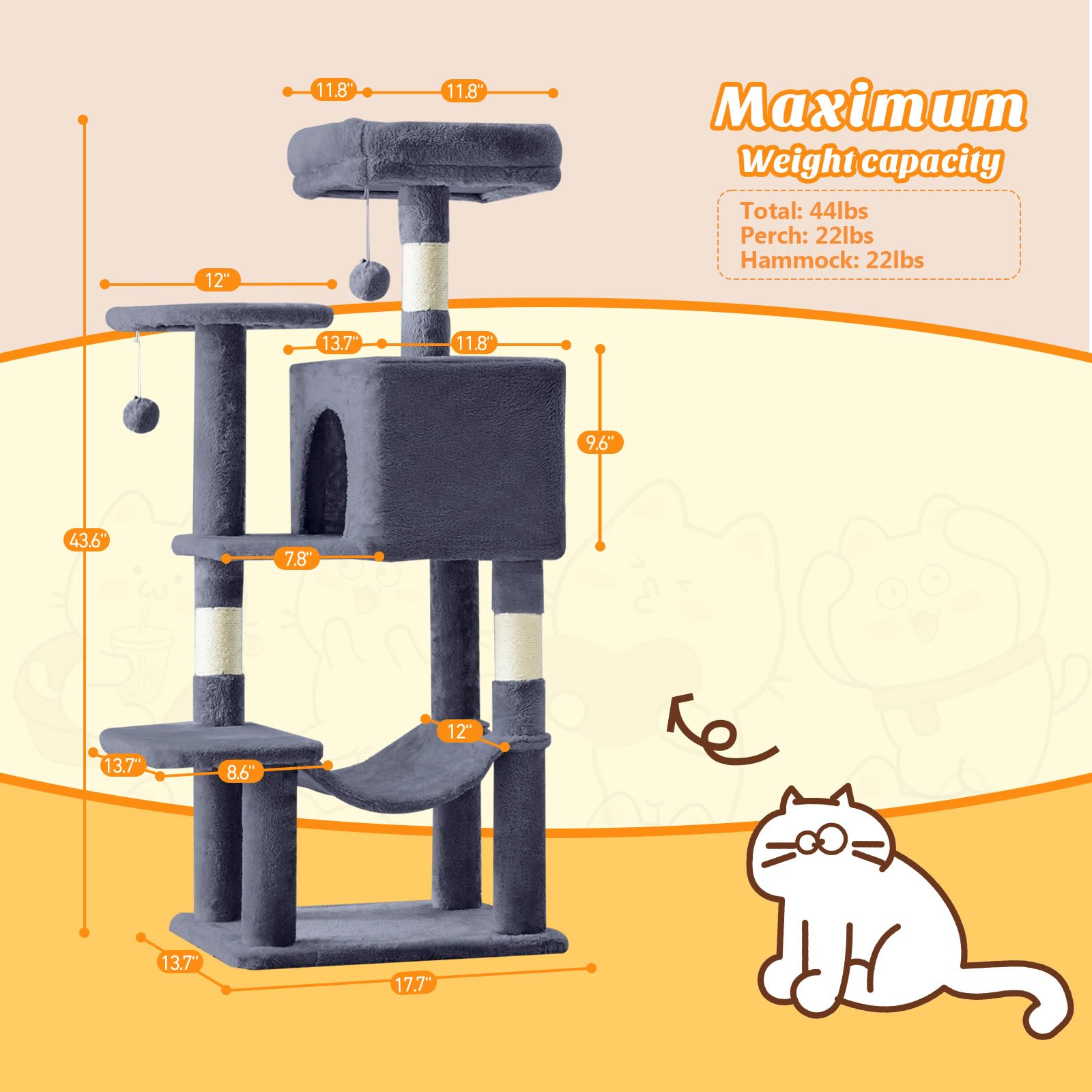 Atilioo 44 inch Cat Tree, Multi-Level Indoor Cat Tower with Condo, Hammock, Sisal Scratching Posts, Anti-Tip Bolts for Indoor Cats, Gray
