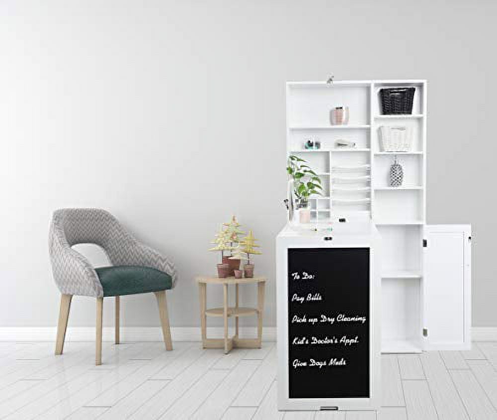 Utopia Alley Collapsible Fold Down Desk Table with Large Storage Cabinet  & Bottom Shelves - Convertible Foldable Desk Furniture with Chalkboard Wall - Computer Desk with Storage - White