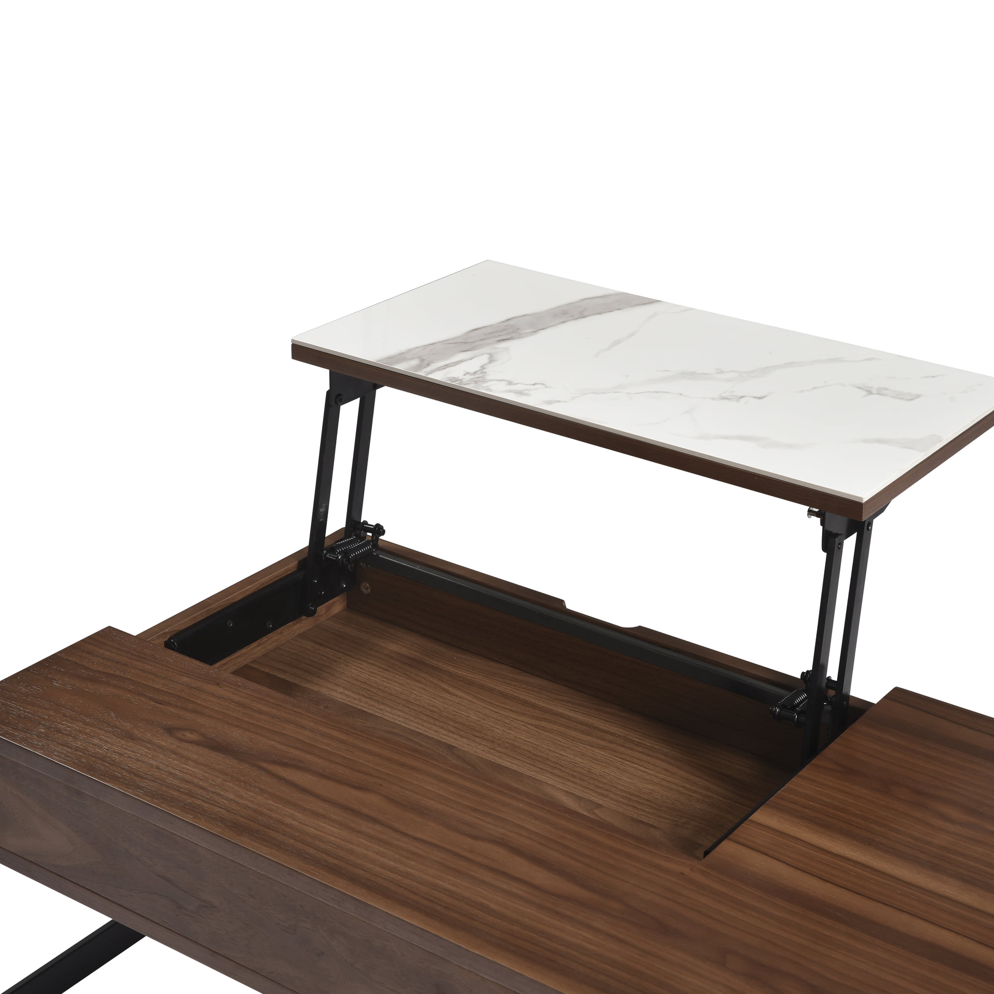 Faye Transitional Rectangular Lift-Top Coffee Table in Walnut Finish with Sintered Stone Panel and Black Metal Base