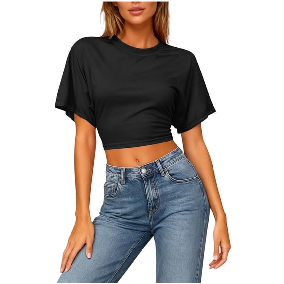 Htigea Women's Cropped T-Shirts Solid Short Sleeve Crewneck Tee Summer Shirts Slim Fit Workout Yoga Gym Tops Black S