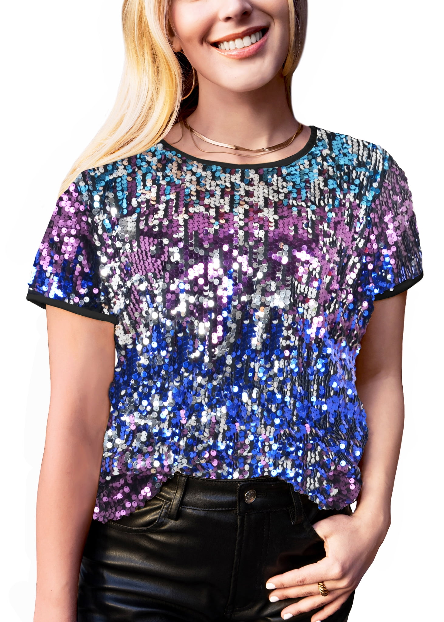 Chemise Paillette Femme Tee Shirt Manches Longues Col Rond Soirée Blouses Disco Hauts Paillettes Chic Et Elegant Glitter T-Shirt Plissée Casual Top Chemises Oversize Décontracté T Shirt Tops