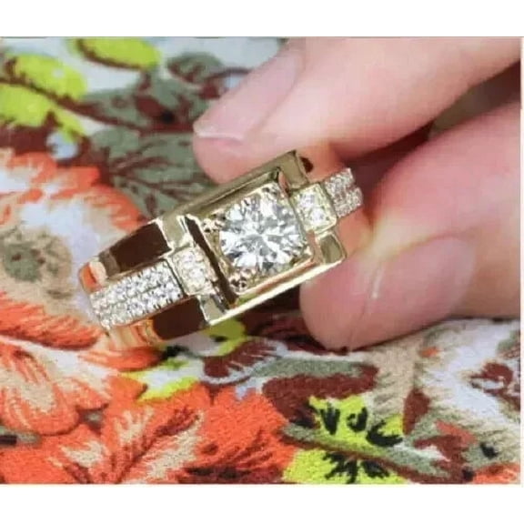 3.00Ct Round Cut Simualated Diamond Solitaire Band Ring 14k Yellow Gold Plated Men's Wedding Ring Silver