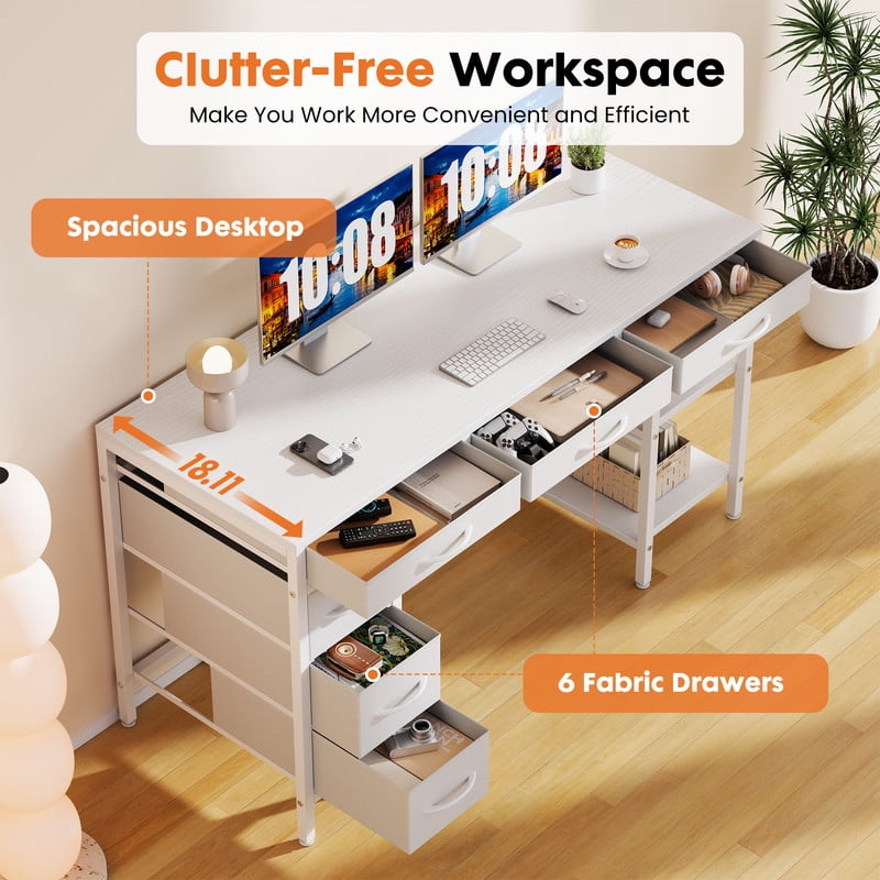 Gianna 47" Computer Desk with 6 Drawers, Home Office Gaming Desks with Storage Shelves for Bedroom, Writing Study Corner Living Room Work Table White