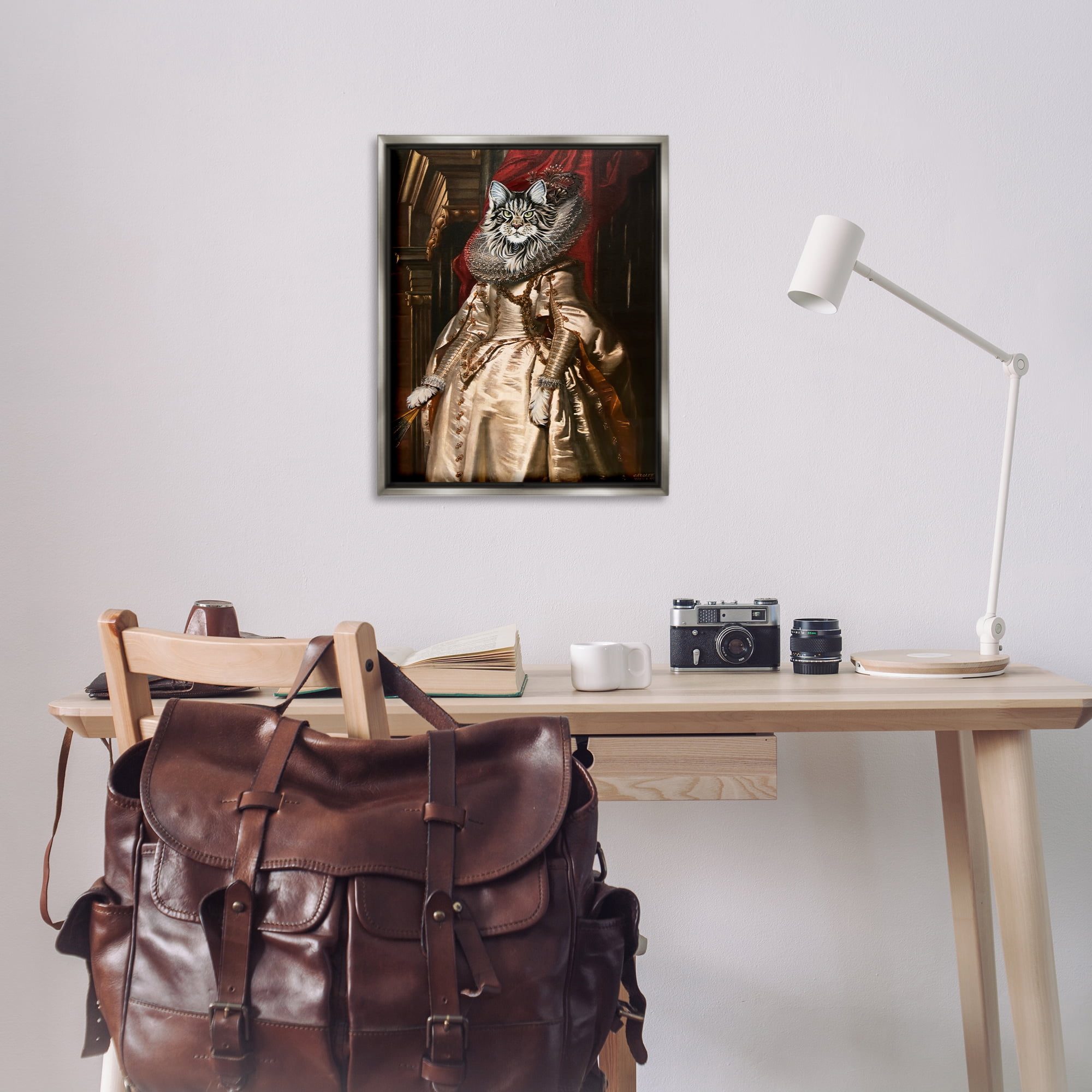 Stupell Industries Renaissance Cat Portrait History & Language Painting Gray Floater Framed Canvas Art Print Wall Art, 25 x 31