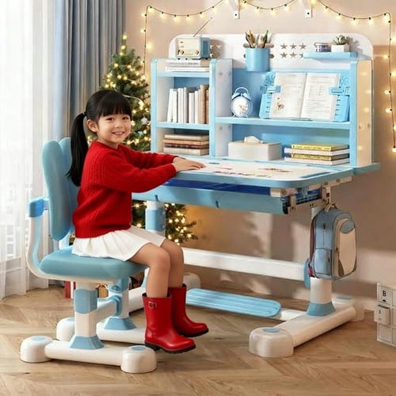 YNCE Kids Desk and Chair Set, Height Adjustable Astronaut Pattern Children School Desk with Shelf & Large Drawers, Kids Writing Study Table for Boys Girls 3