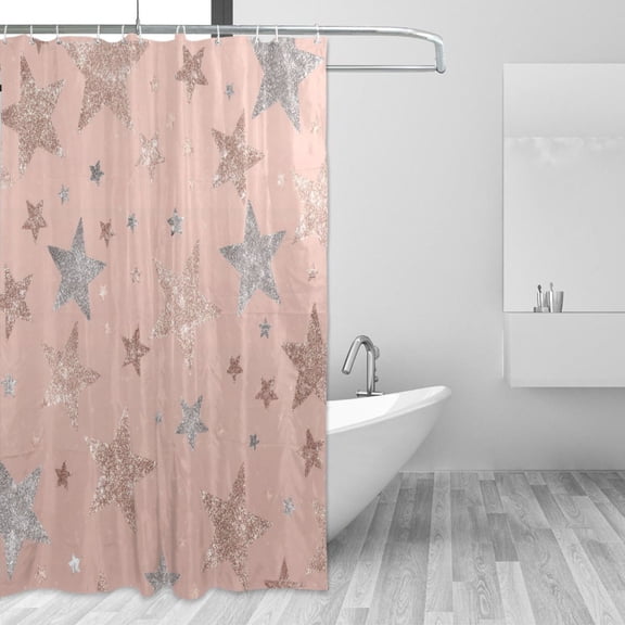 Rose Gold Glitter Stars Shower Curtains with 12 Hooks Waterproof Bathroom Decor 66" x 72"