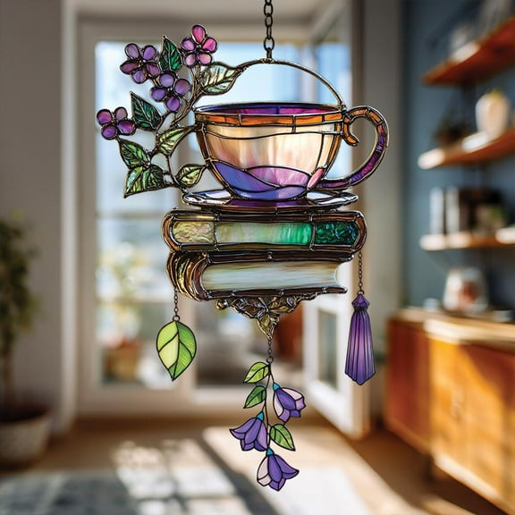 Tea Cup On Books Faux Stained Glass Acrylic Suncatcher, Purple Floral Cottage Library Window Decor, Cozy Gift For Readers And Tea Time